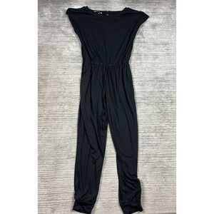Angashion Jumpsuit Womens Medium Black Short Sleeve Polyester Blend Pockets